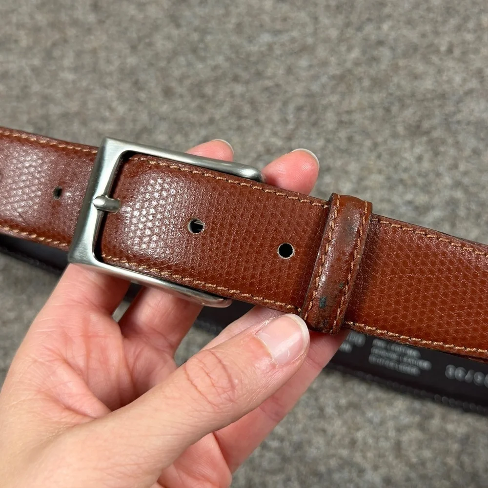 Miguel Bellido Brown Genuine Leather Belt Mens Size 36 Silver Tone Square Buckle
